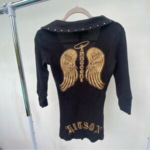 Y2K RARE Kitson Black & Gold Innocent Angel Waffle Knit Top Size Small